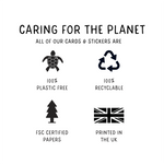 Dinosaur Sticker Sheet - Eco-friendly product information showing four black icons: a turtle representing plastic-free materials, recycling symbol for 100% recyclability, tree symbol for FSC certified papers, and Union Jack indicating UK printing