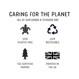 Dinosaur Sticker Sheet - Eco-friendly product information showing four black icons: a turtle representing plastic-free materials, recycling symbol for 100% recyclability, tree symbol for FSC certified papers, and Union Jack indicating UK printing