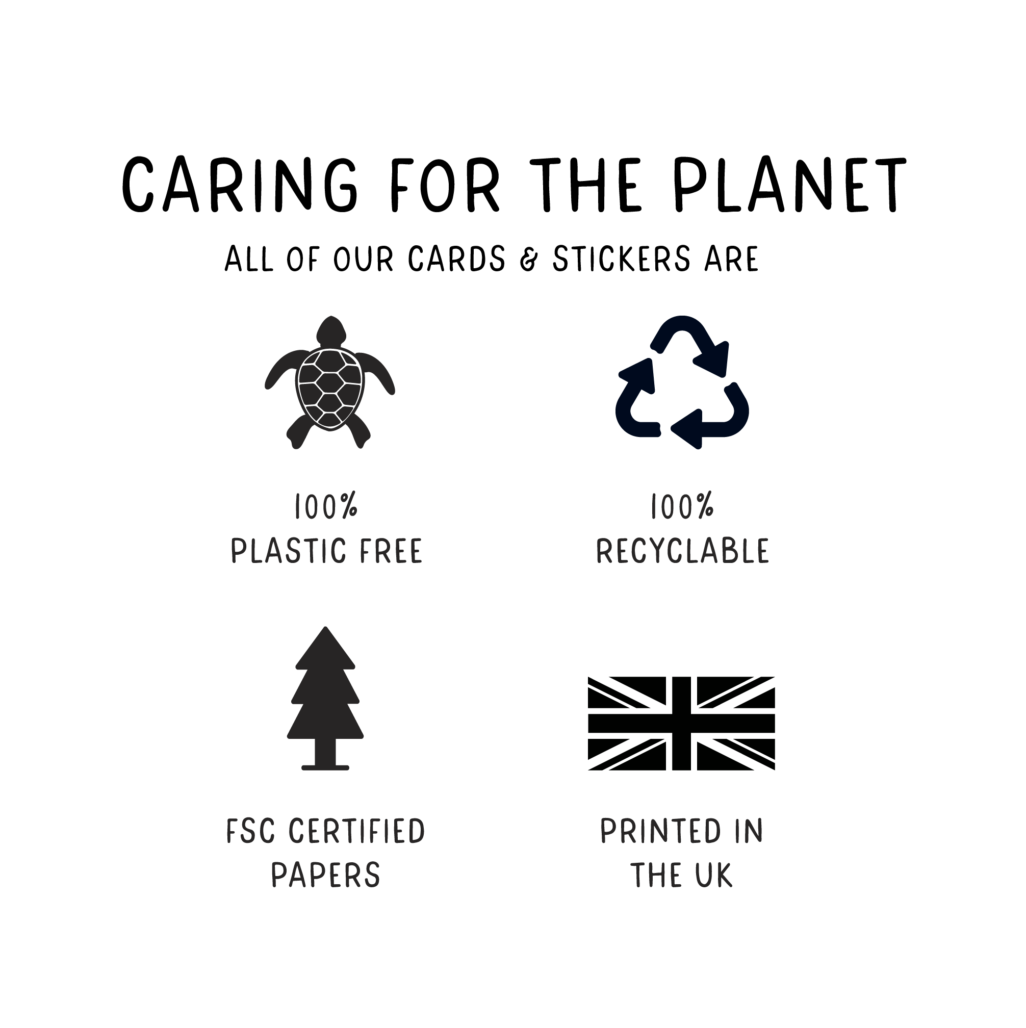 Dinosaur Sticker Sheet - Eco-friendly product information showing four black icons: a turtle representing plastic-free materials, recycling symbol for 100% recyclability, tree symbol for FSC certified papers, and Union Jack indicating UK printing