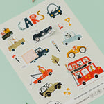 Sheet of car-themed stickers with colorful illustrations on a light green background.