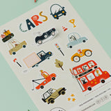 Sheet of car-themed stickers with colorful illustrations on a light green background.