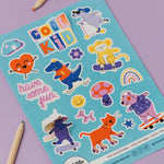 Sticker sheet with colorful illustrations and 'Cool Kid' text on a purple background
