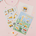 Two construction-themed sticker sheets for a party bag on a pink background 