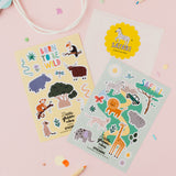Set of safari animal-themed stickers on a pink background with pencils and a bag.