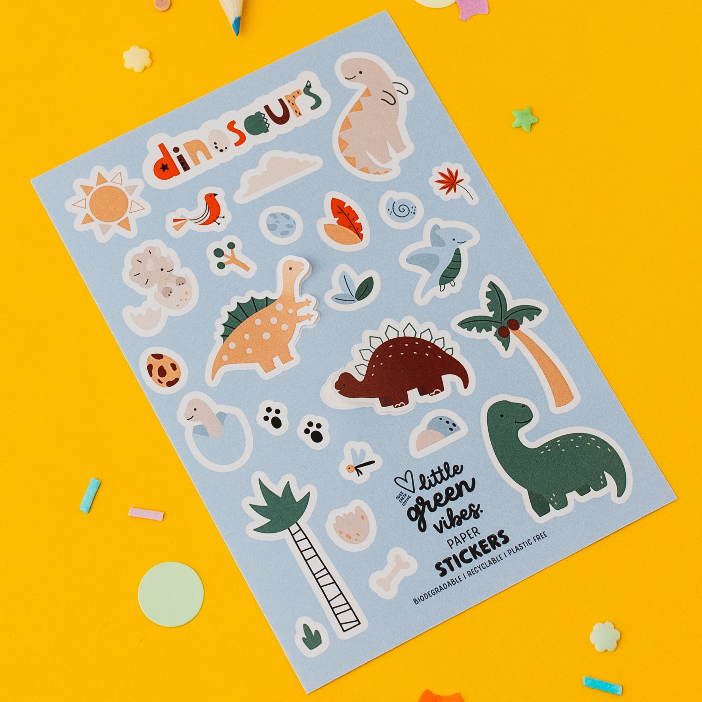 Sheet of dinosaur stickers.
