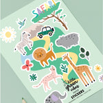 Sticker sheet with safari-themed illustrations on a light green background