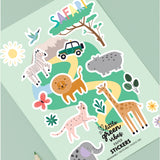 Sticker sheet with safari-themed illustrations on a light green background