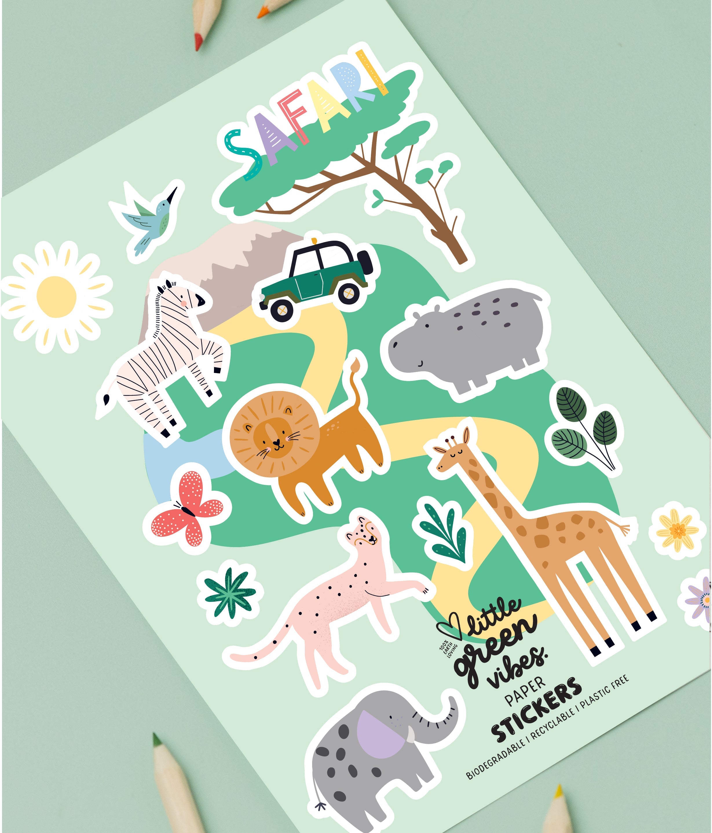 Sticker sheet with safari-themed illustrations on a light green background