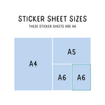 Dinosaur Sticker Sheet size comparison diagram showing A4, A5, and A6 paper formats, with A6 highlighted as the actual product size. Simple blue and white illustration demonstrating relative dimensions of sticker sheets.