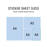 Dinosaur Sticker Sheet size comparison diagram showing A4, A5, and A6 paper formats, with A6 highlighted as the actual product size. Simple blue and white illustration demonstrating relative dimensions of sticker sheets.
